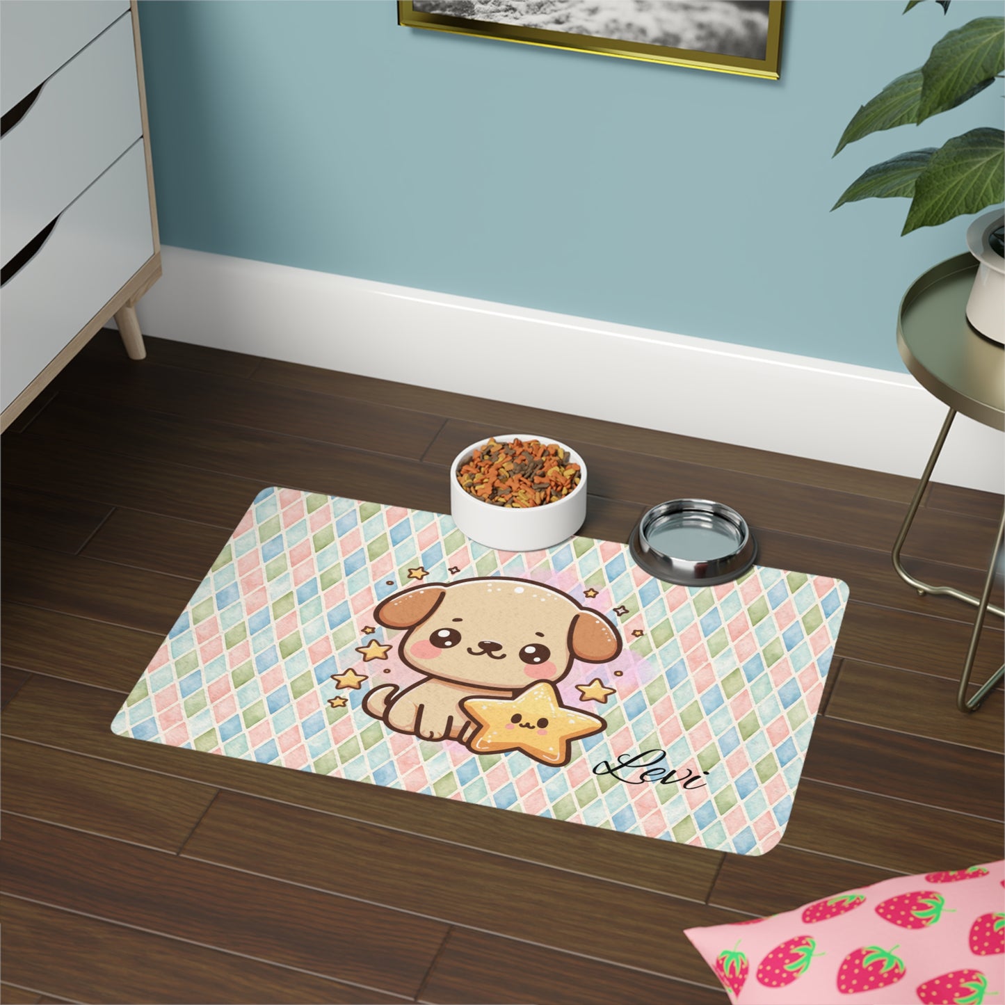 Cute Personalized Puppy Pet Food Mat (12x18) — Pastel Star Design