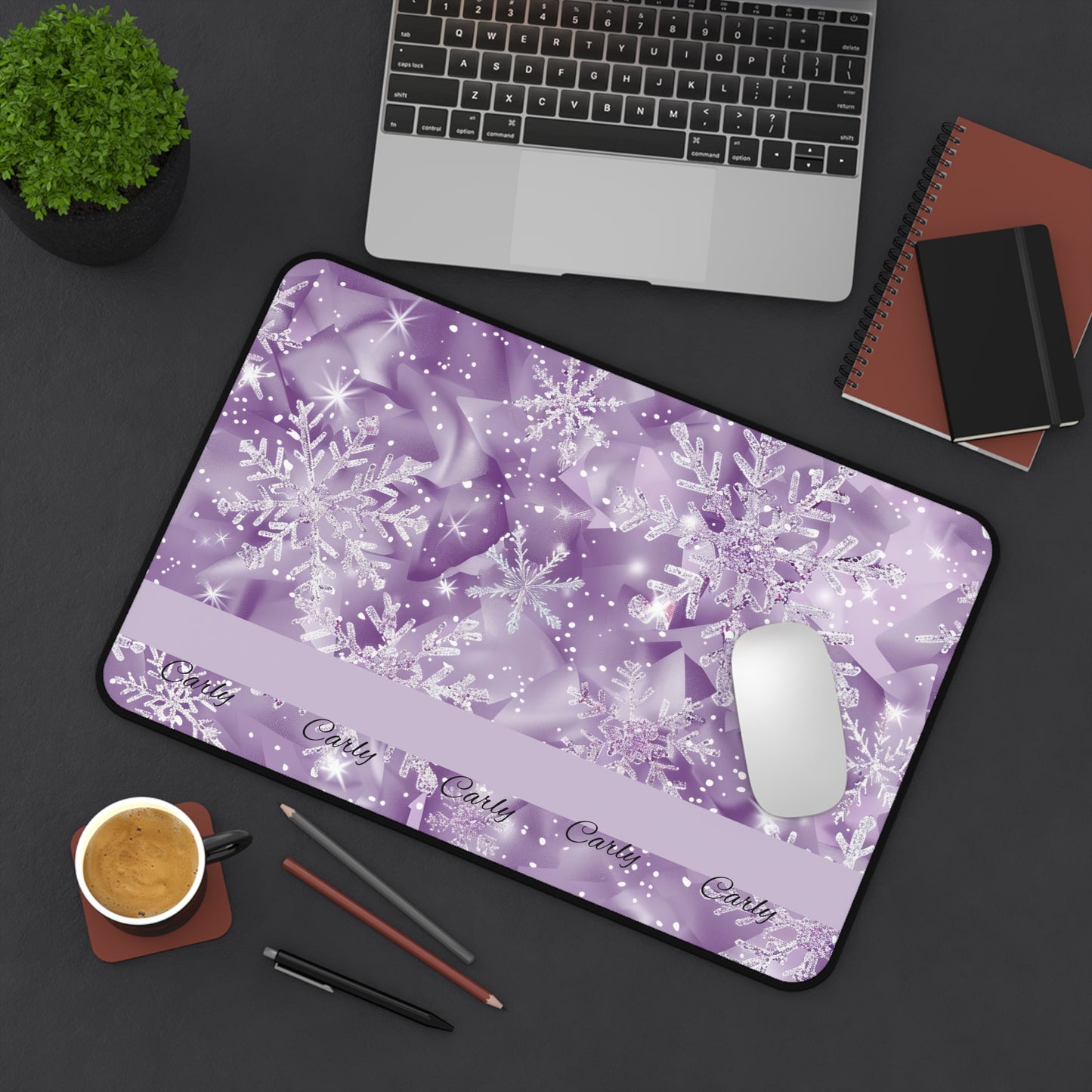 Personalized Snowflake Desk Mat, Custom Mouse Pad, Winter Office Decor, Holiday Gift, Purple Snowflakes