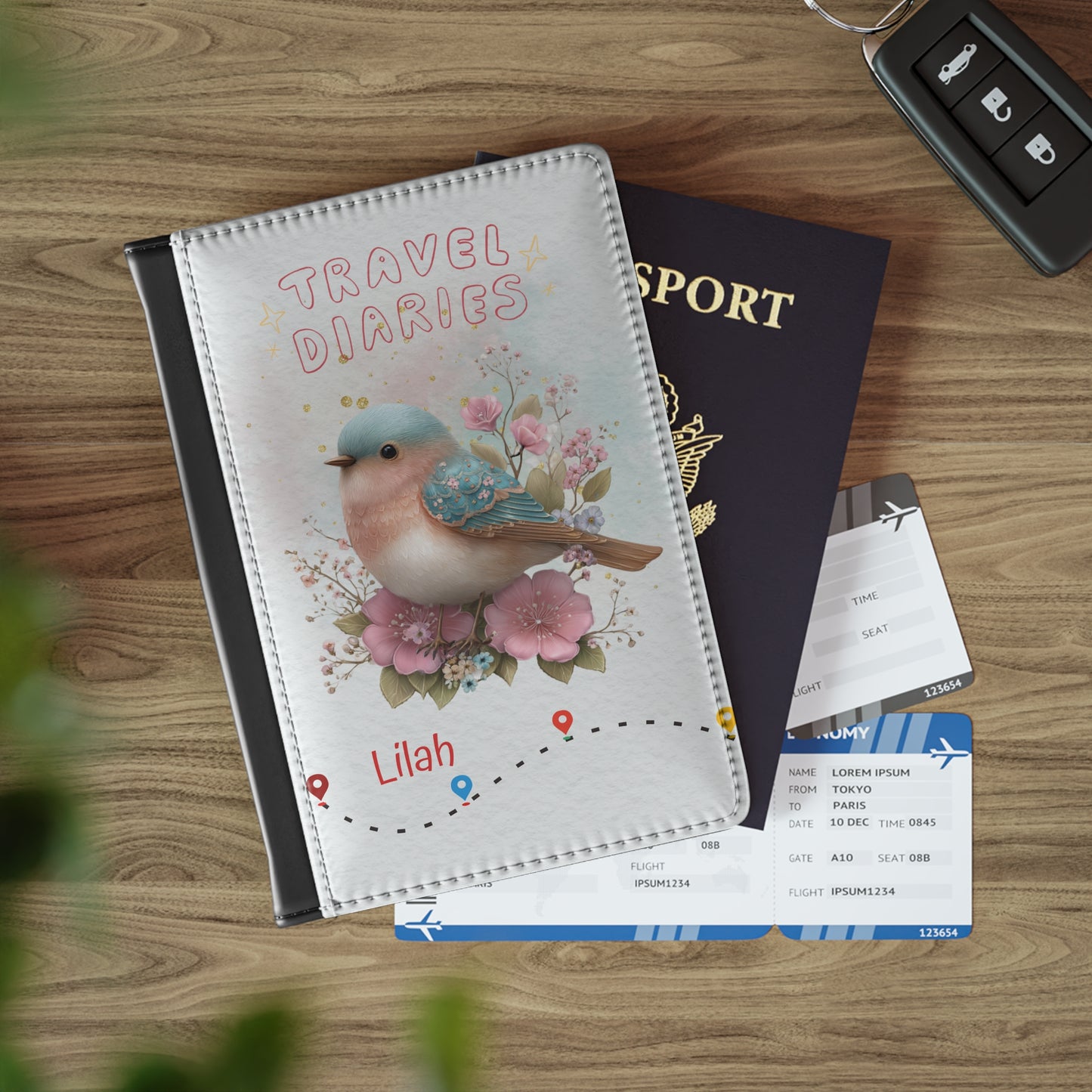 Travel Diaries Passport Cover — Personalized Cute Bird Floral Passport Holder
