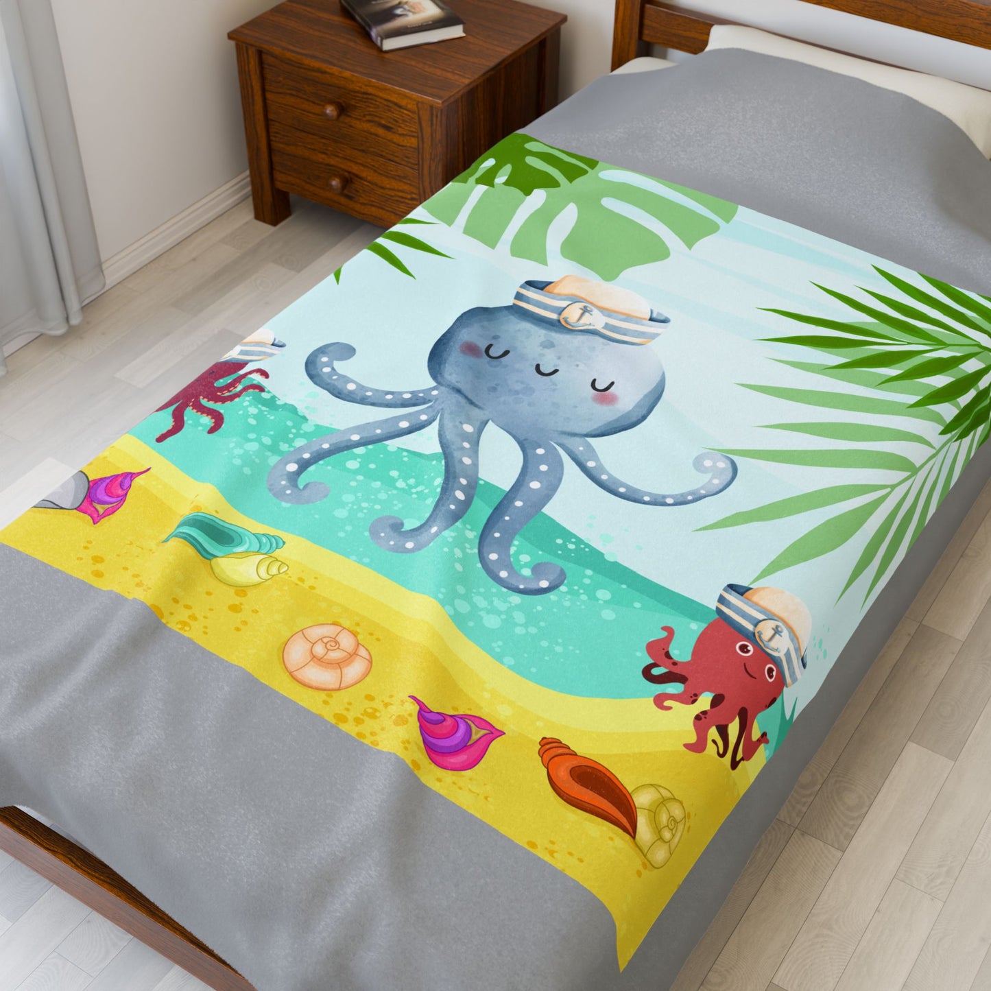 Octopus on a beach scene with tropical Velveteen Plush Blanket