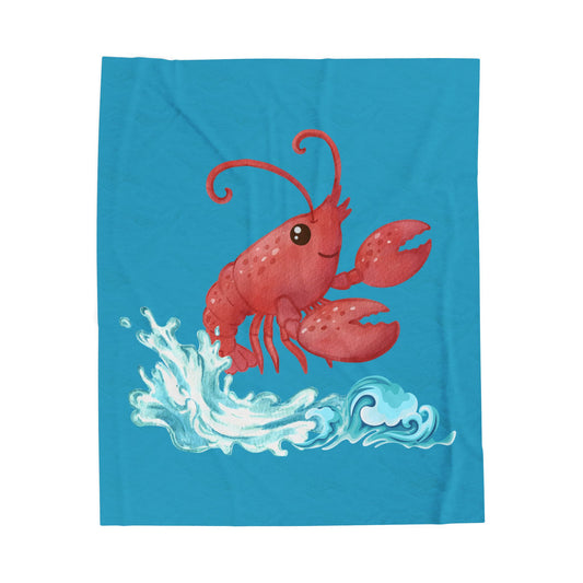 Cheerful red lobster emerging from stylized blue waves Velveteen Plush Blanket