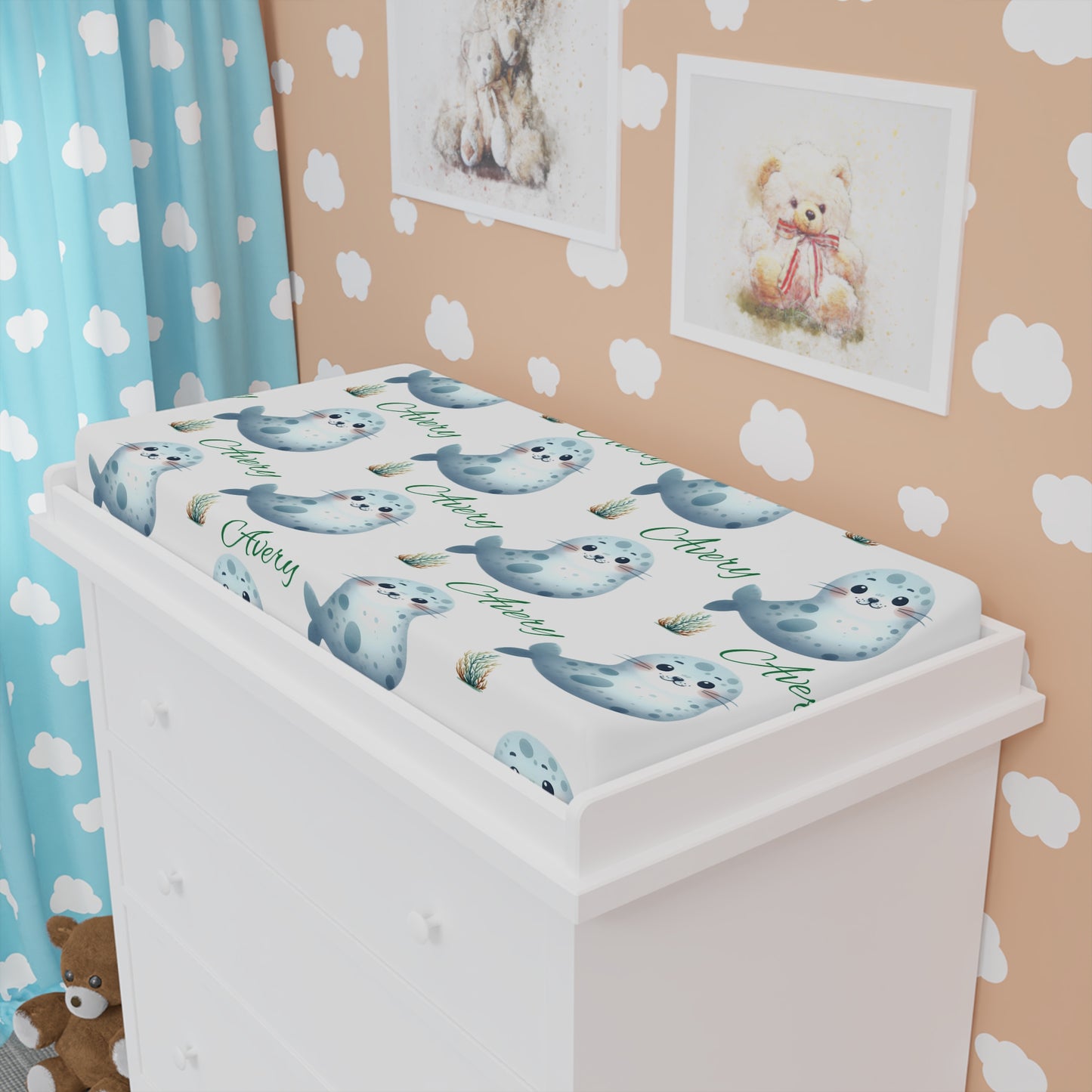 Seal Pattern Baby Changing Pad Cover — Personalized "Aubrey" Nursery Waterproof Cover