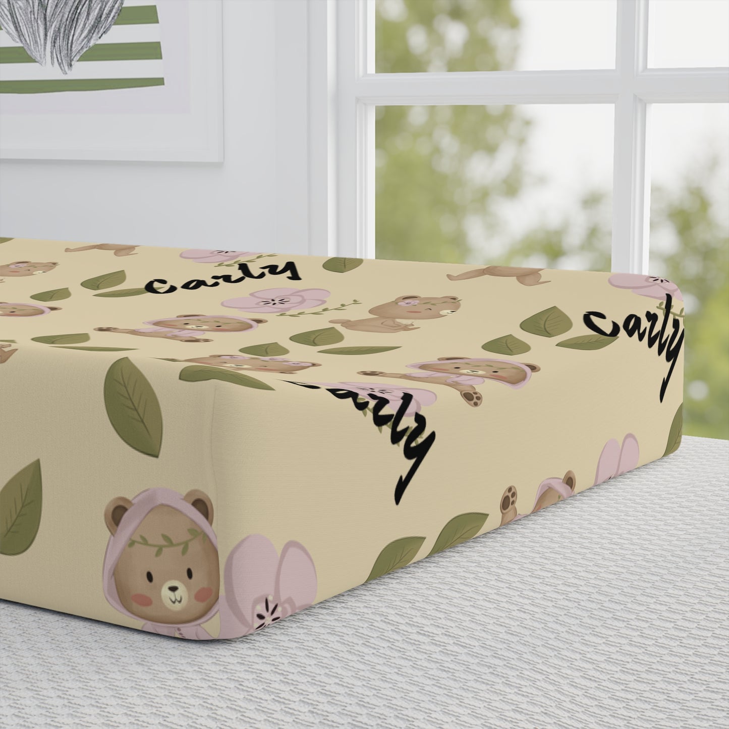 Personalized Baby Changing Pad Cover — Cute Bear & Floral Nursery Print (Custom Name)