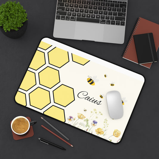 Personalized Honeycomb Desk Mat, Custom Office Decor, Bee Themed Mouse Pad, Cute Gift for Bee Lovers, Yellow Floral Desk Accessory