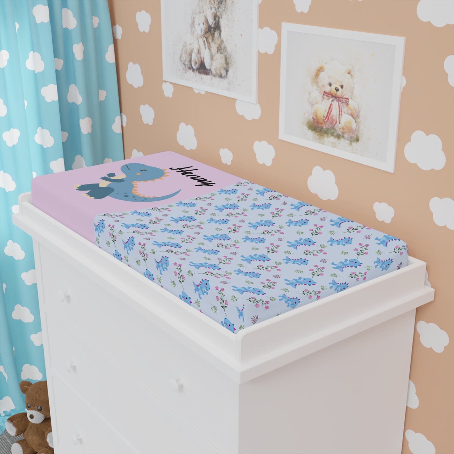 Floral Blue Dinosaur Baby Changing Pad Cover — Personalized Name Option