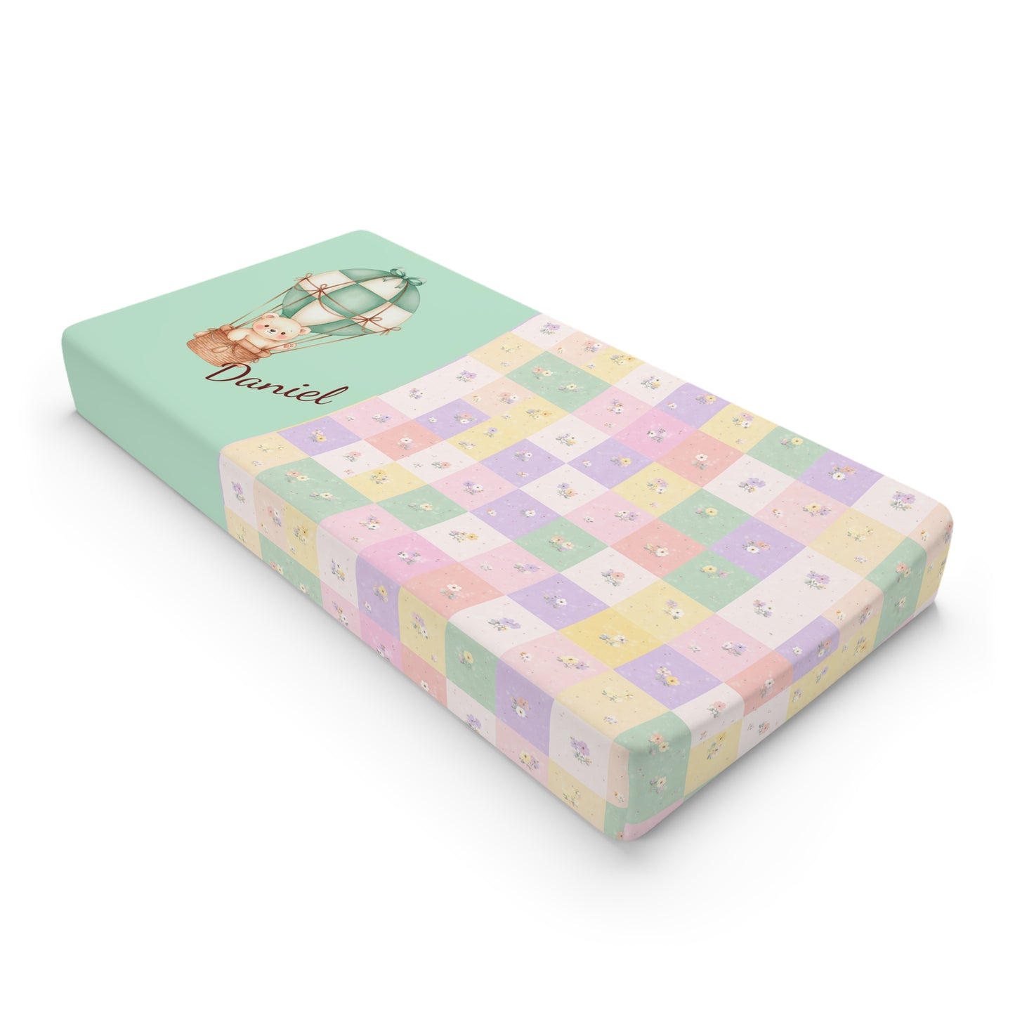 Baby Changing Pad Cover — Pastel Patchwork & Hot Air Balloon Personalized Nursery