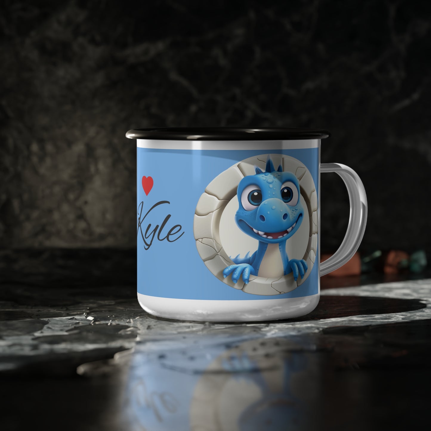 Enamel Camp Cup — Cute Blue Dragon Personalized Camping Mug (Name: Kyle)