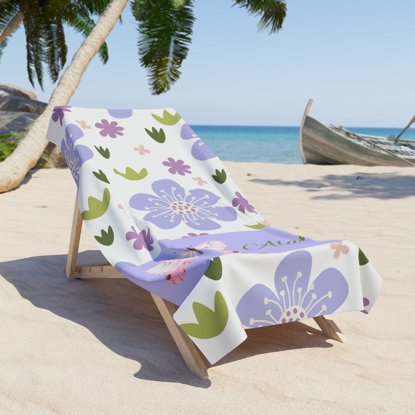 Personalized Floral Beach Towel — Lavender Hibiscus Pattern with Butterfly and Name