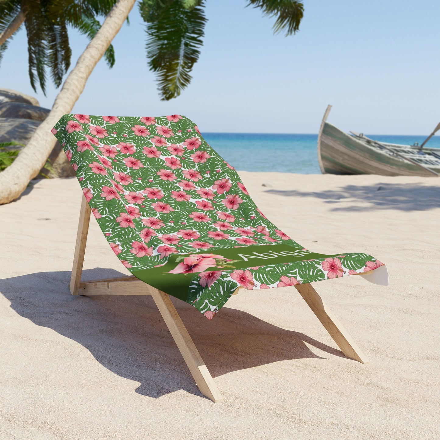 Personalized Floral Beach Towel — Tropical Hibiscus Pattern with Name (e.g., Abigail)