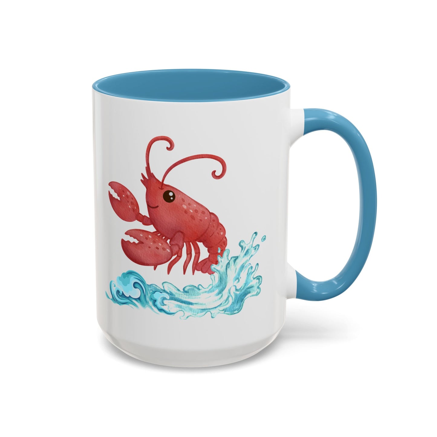 Cheerful red lobster emerging from stylized blue waves Coffee Mug