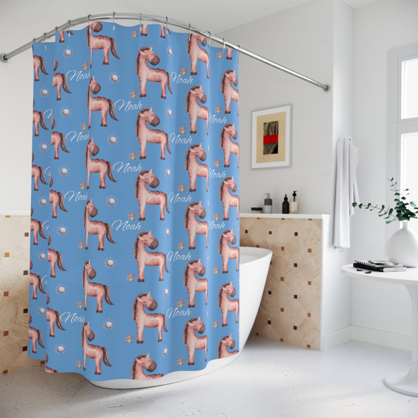 Shower Curtain — Personalized Pink Pony Pattern with Name (Noah)