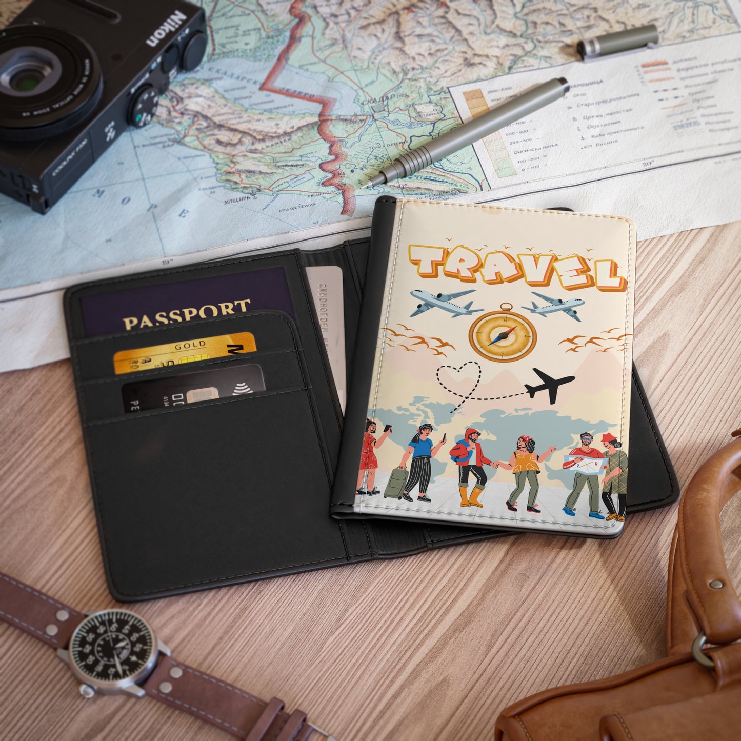 Travel Passport Cover – Illustrated Plane, Compass & Adventure Design