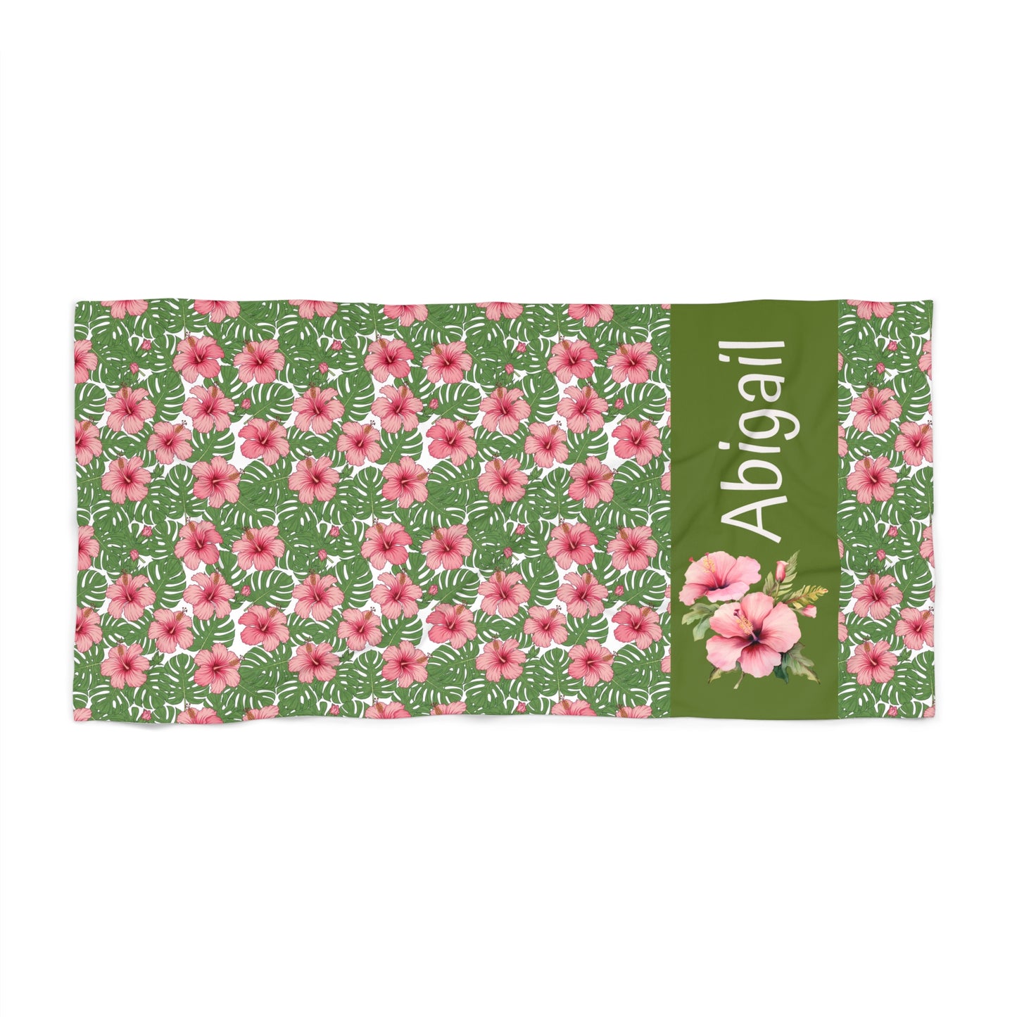 Personalized Floral Beach Towel — Tropical Hibiscus Pattern with Name (e.g., Abigail)
