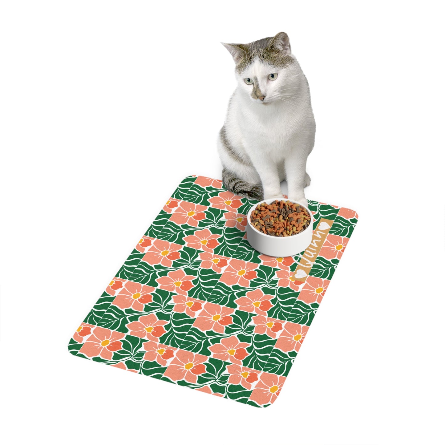 Floral Checkerboard Pet Food Mat (12x18) — Personalized Pink & Green Feeding Placemat