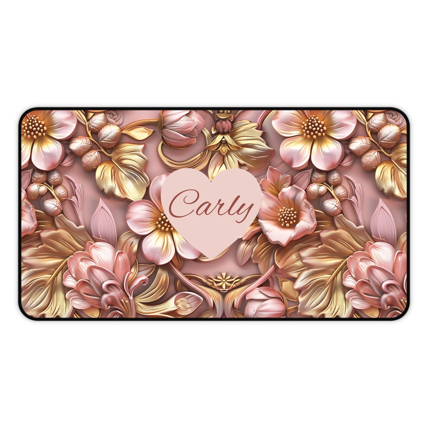 Personalized Floral Desk Mat — Rose Gold Heart Name Desk Pad