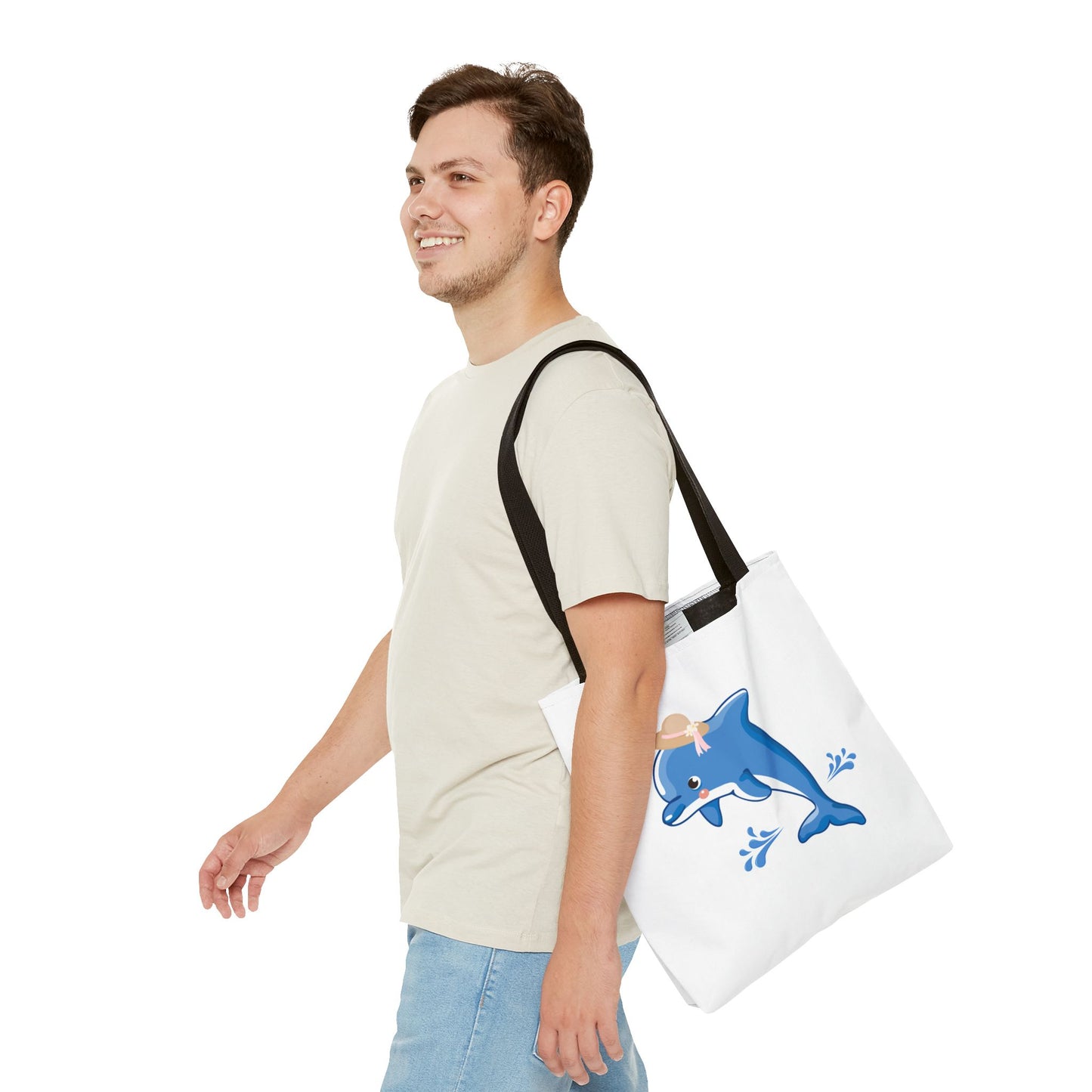 Dolphin wearing a straw hat with stylized water splashes Tote Bag