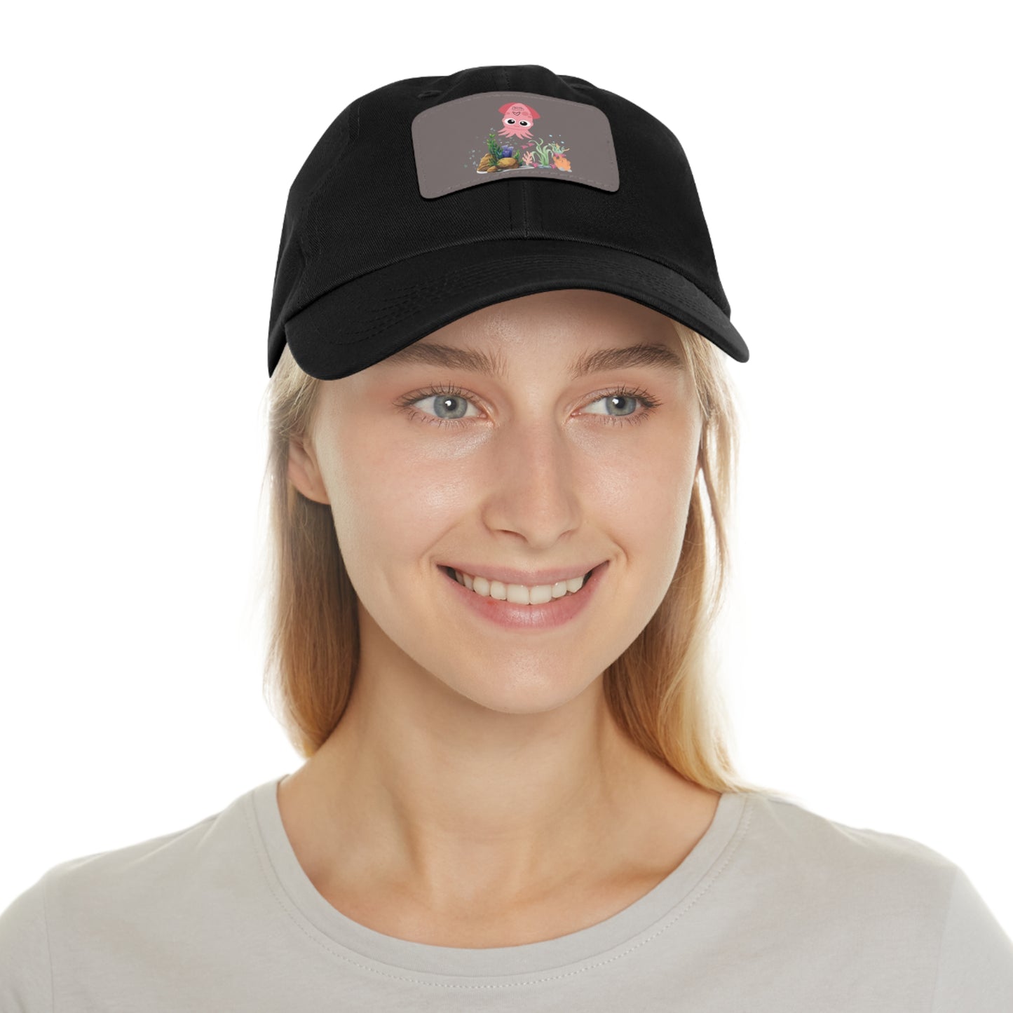 Pink squid cartoon with love Dad Hat with Leather Patch (Rectangle)