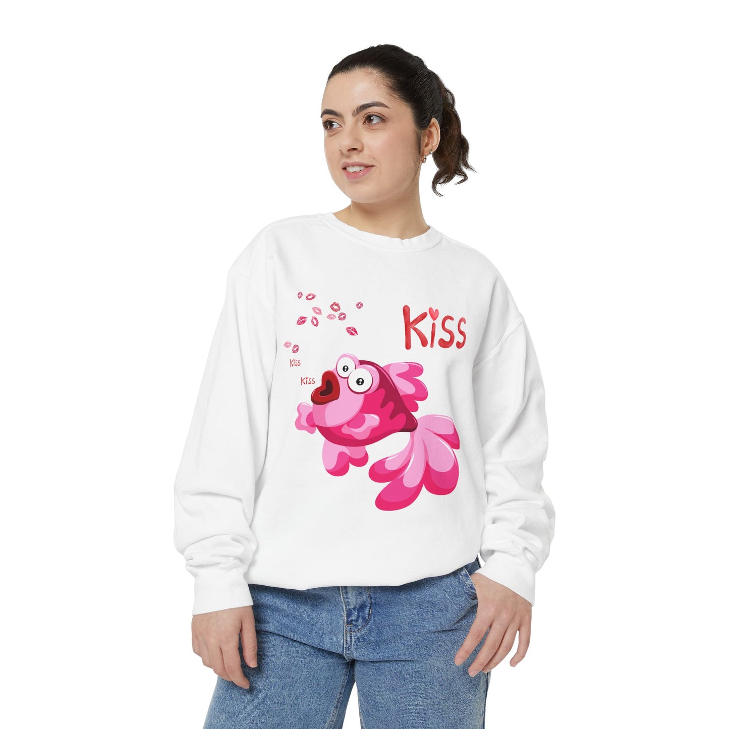 Pink fish with open mouth and kiss Unisex Garment-Dyed Sweatshirt