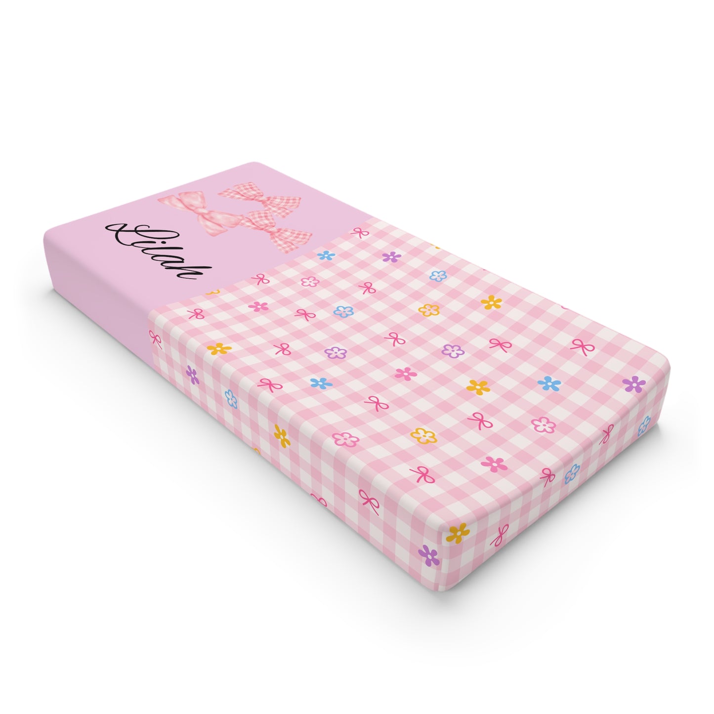 Pink Gingham Floral Baby Changing Pad Cover — Personalized Name Option