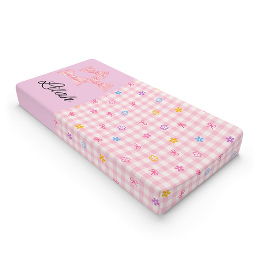 Pink Gingham Floral Baby Changing Pad Cover — Personalized Name Option