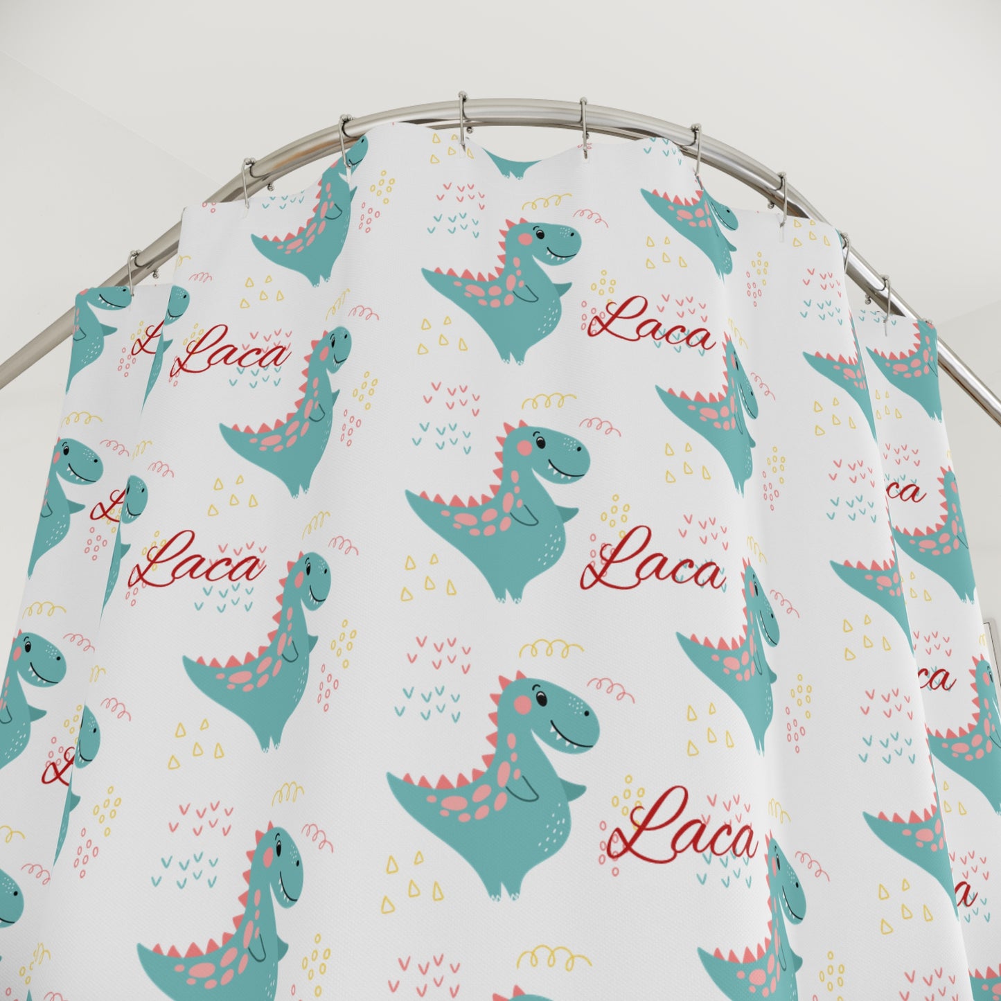 Dino Love Shower Curtain — Cute Teal Dinosaur Pattern with "Laca" Script