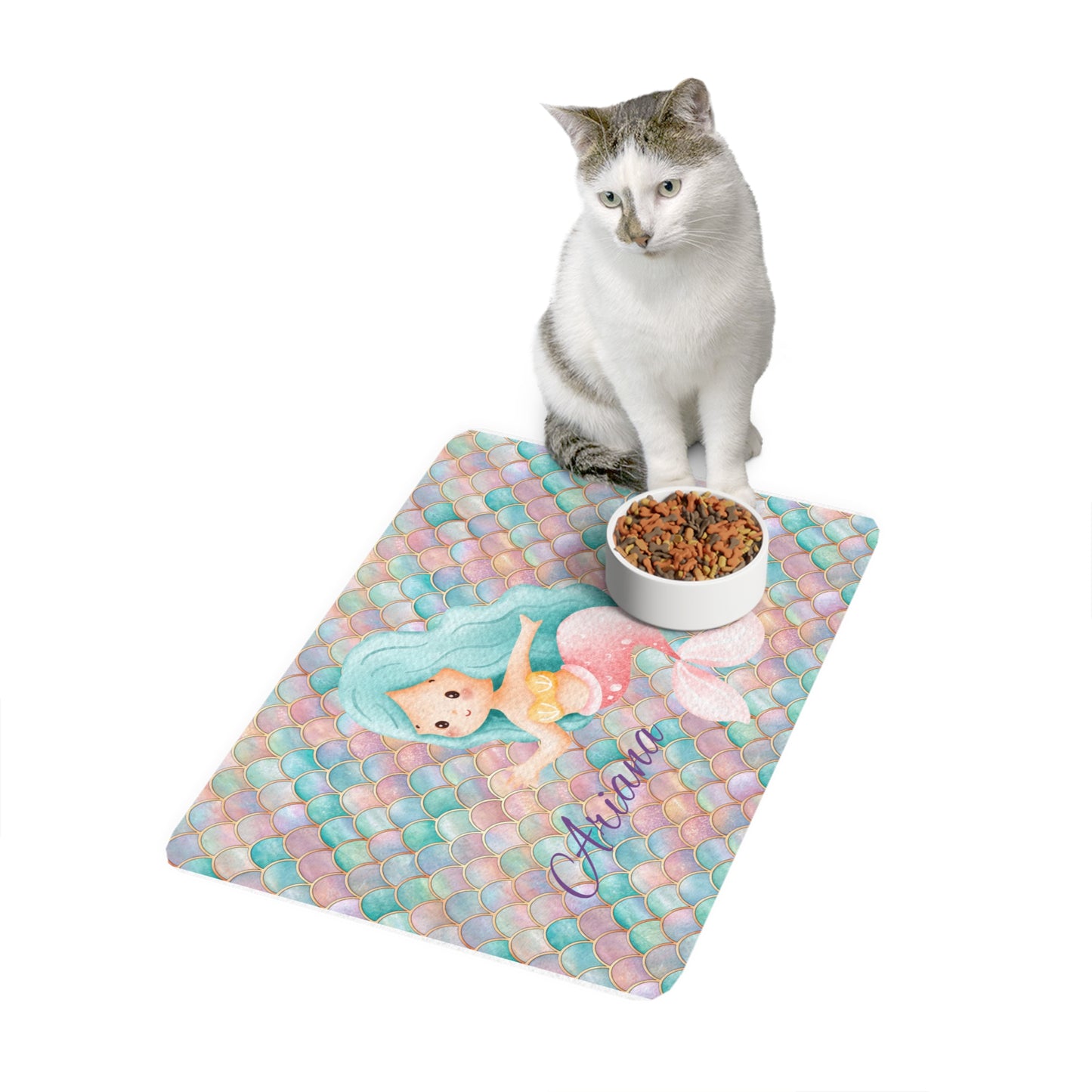 Personalized Mermaid Pet Food Mat (12x18) — Pastel Seashell Design
