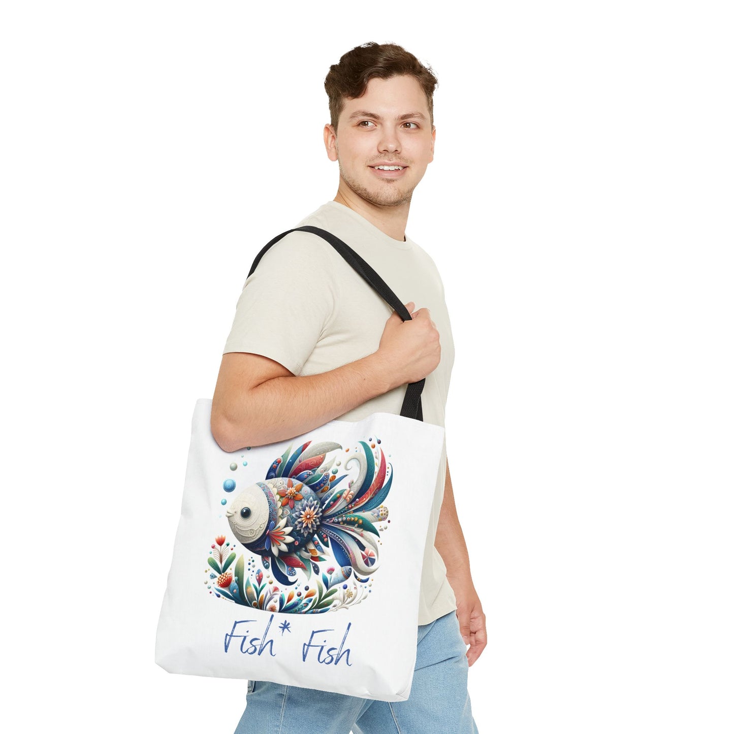 Floral Fish Tote Bag — Colorful Whimsical "Fish Fish" Canvas Tote