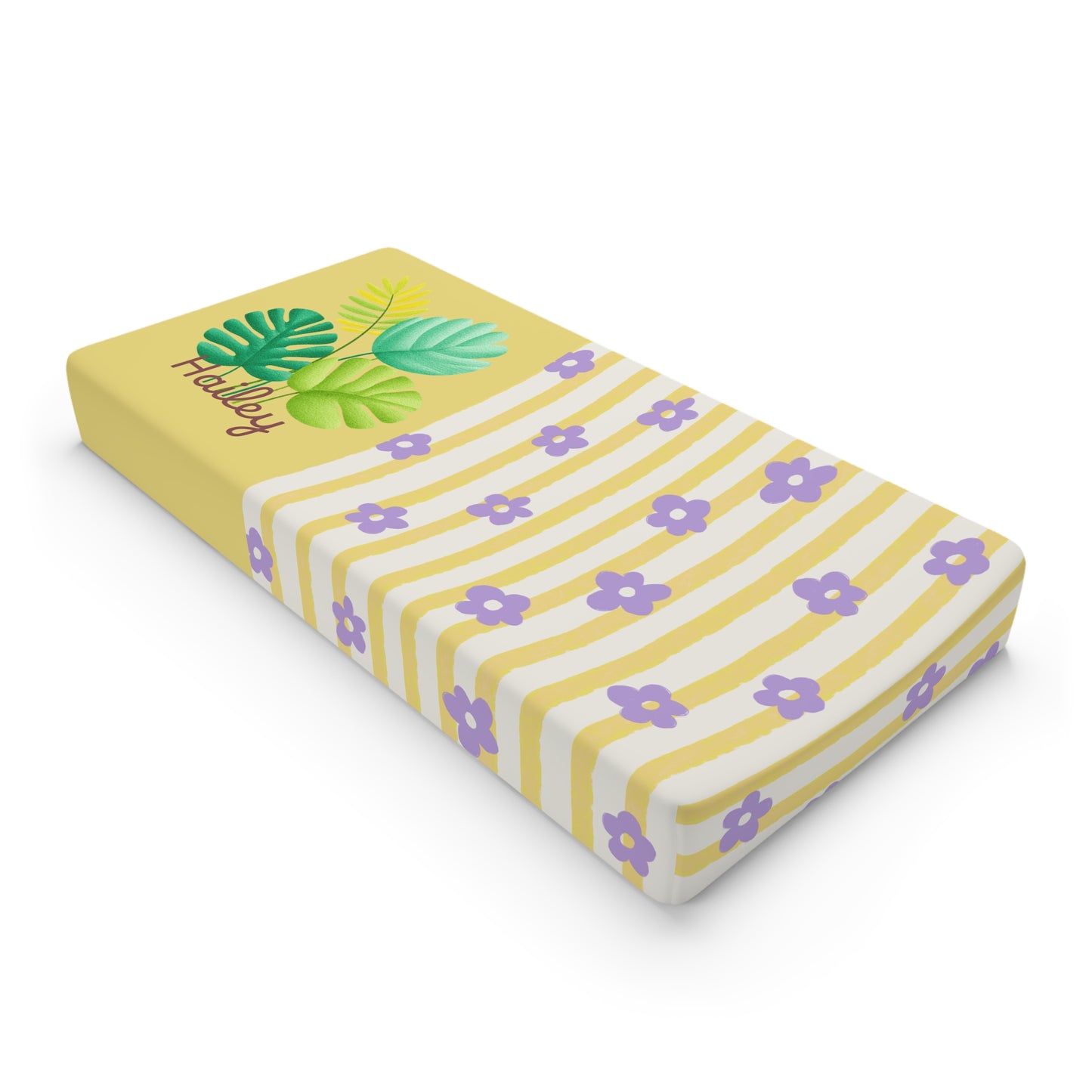 Changing Pad Cover — Yellow Stripe & Purple Floral with Tropical Leaves (Personalizable)