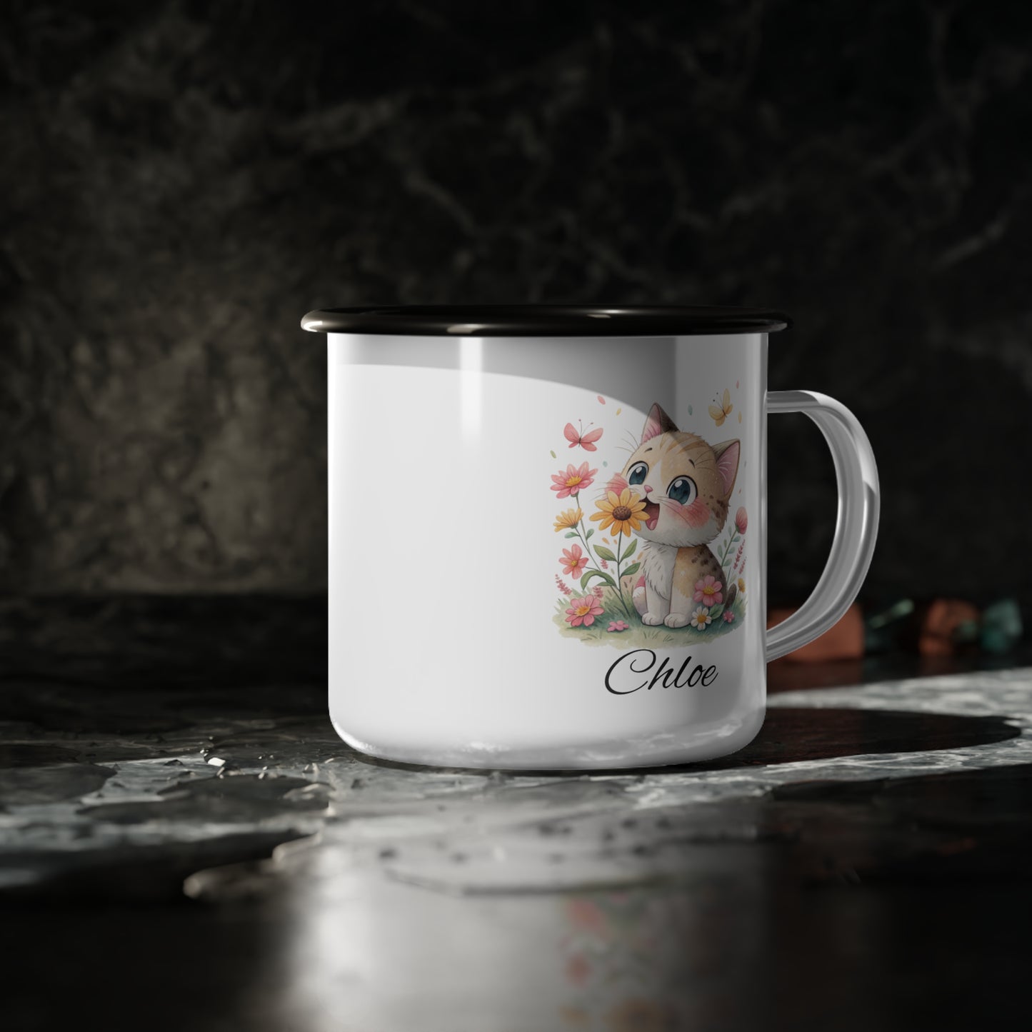 Personalized Floral Cat Enamel Camp Cup