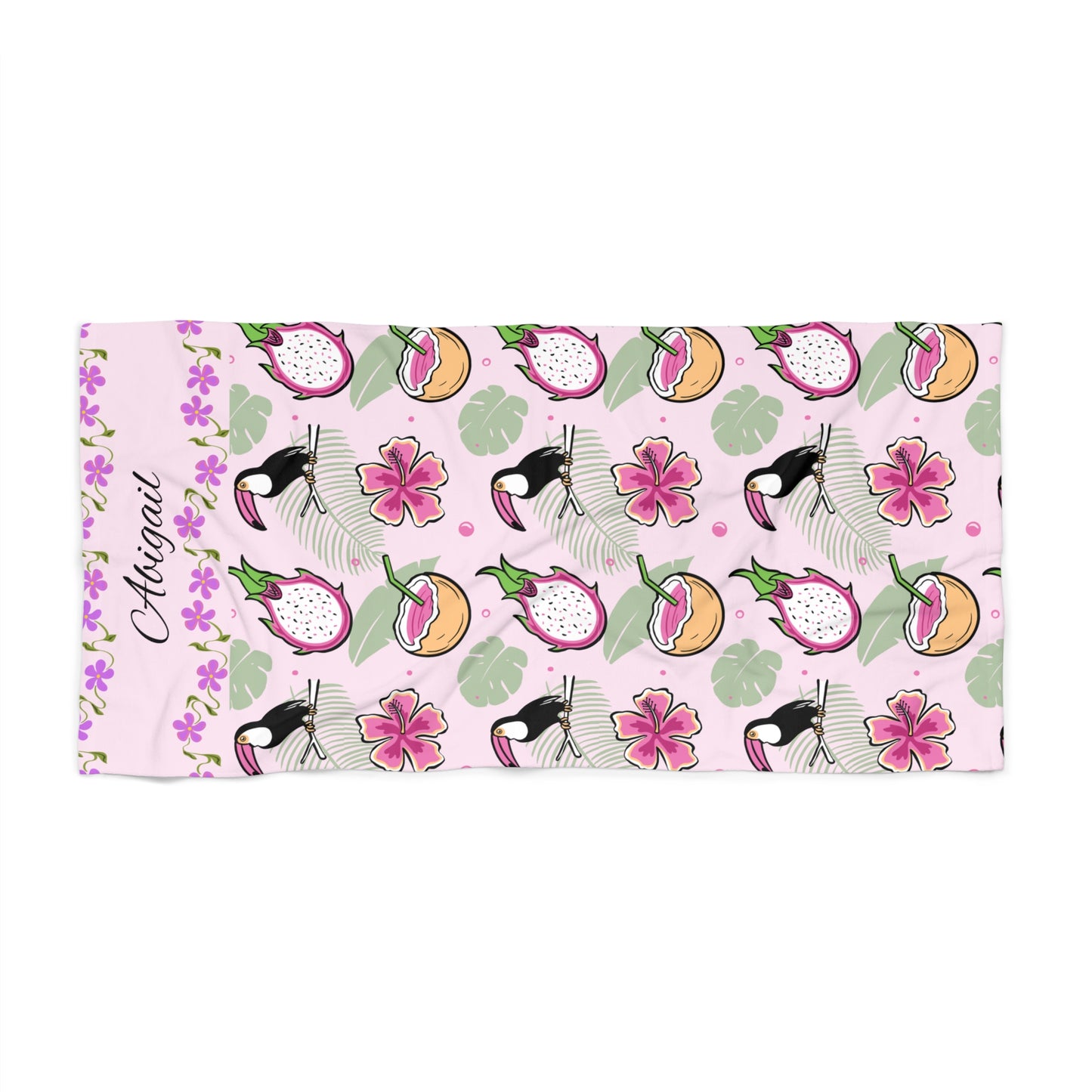 Personalized Tropical Flamingo Beach Towel — Pink Hibiscus & Dragon Fruit Design