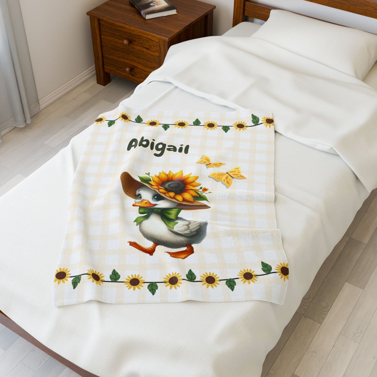 Customized Velveteen Plush Blanket with Sunflower Duck Design, Cozy Throw Blanket, Personalized Gift, Cute Nursery Decor, Baby Shower Gift