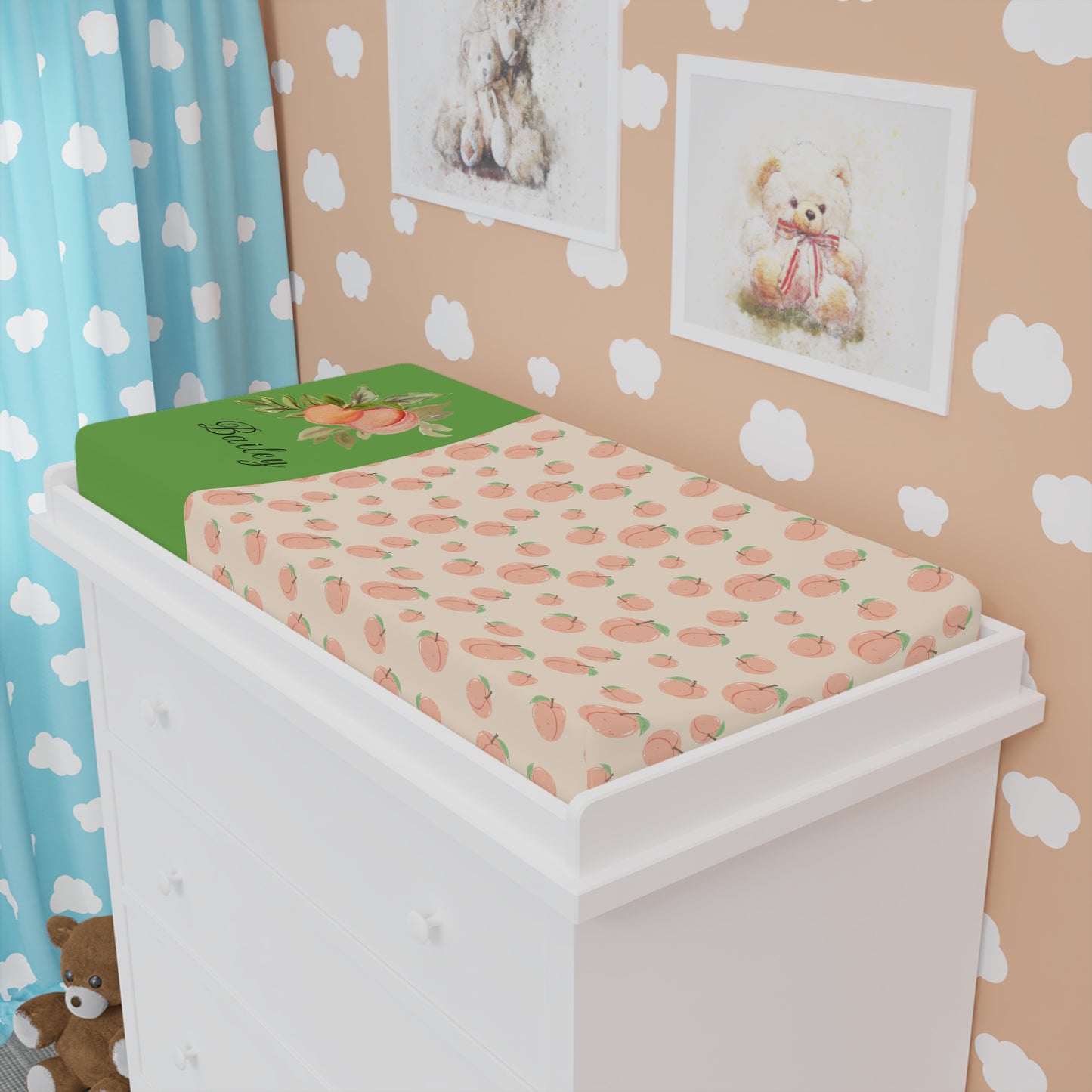 Peach Blossom Baby Changing Pad Cover — Soft Peach Pattern with Personalized Name Panel