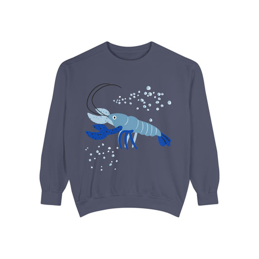Blue shrimp with dark blue claws and bubbles Unisex Garment-Dyed Sweatshirt