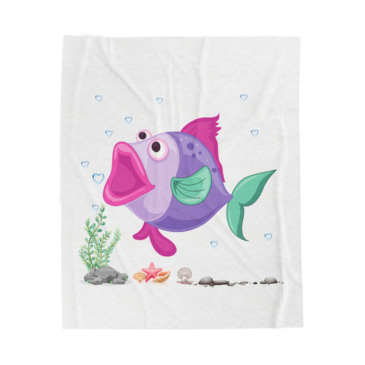 Fish with open mouth bubbles and underwater flora Velveteen Plush Blanket