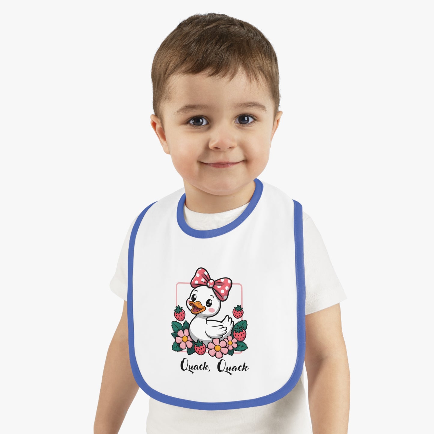 Baby Bib — Cute Duck "Quack Quack" Floral Contrast Trim