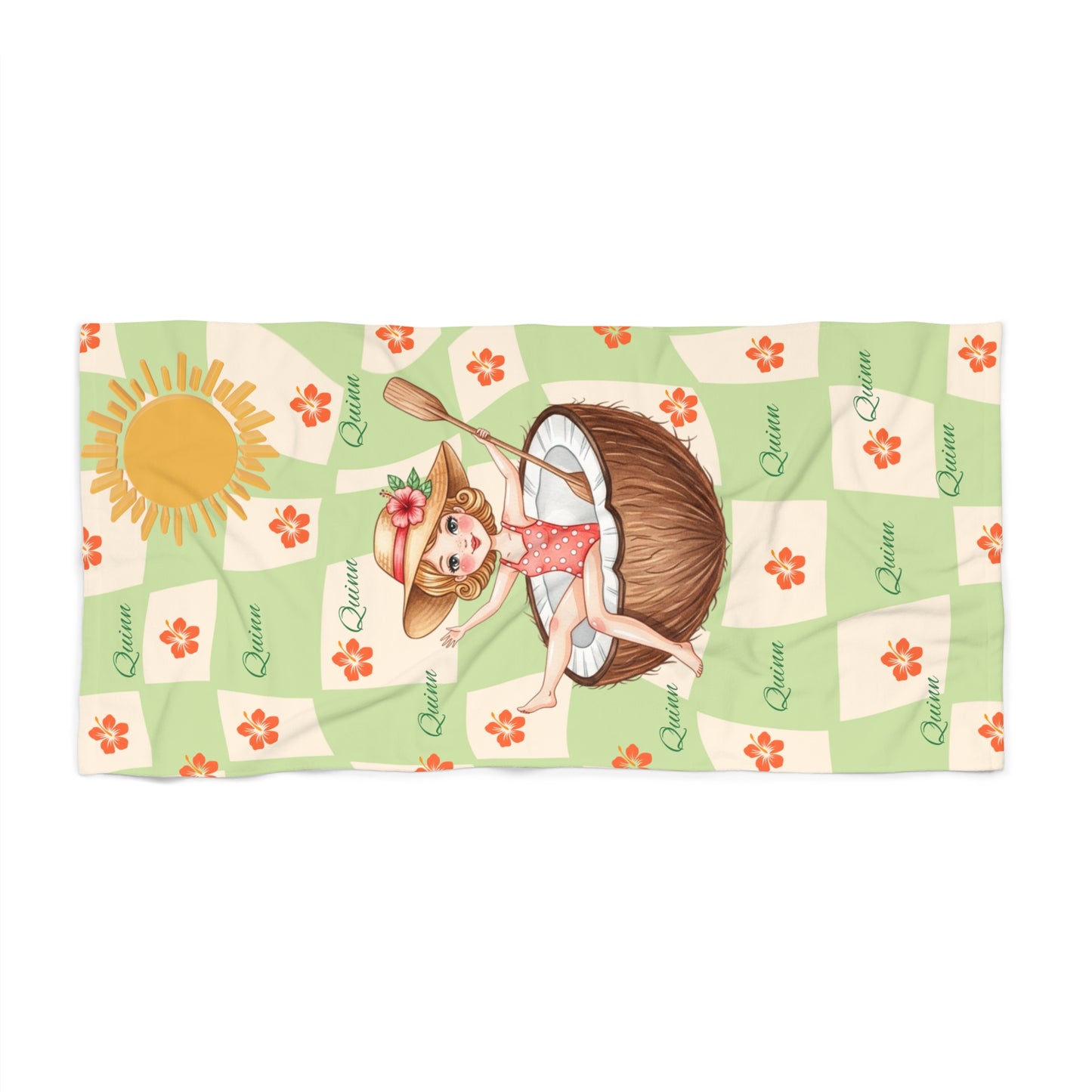 Cute Tropical Girl Beach Towel - 'Queenie' Sun & Coconut Design