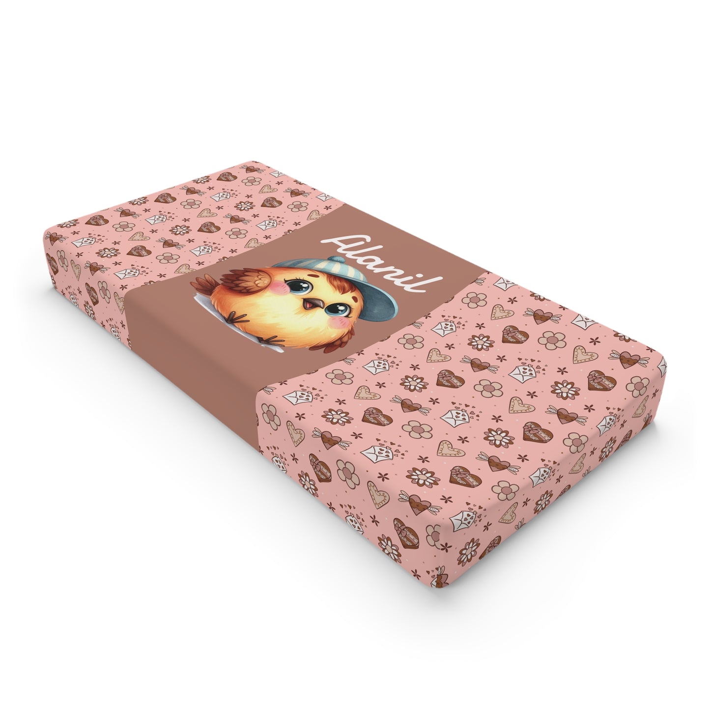 Personalized Pink Chick Baby Changing Pad Cover – Cute Floral & Heart Pattern