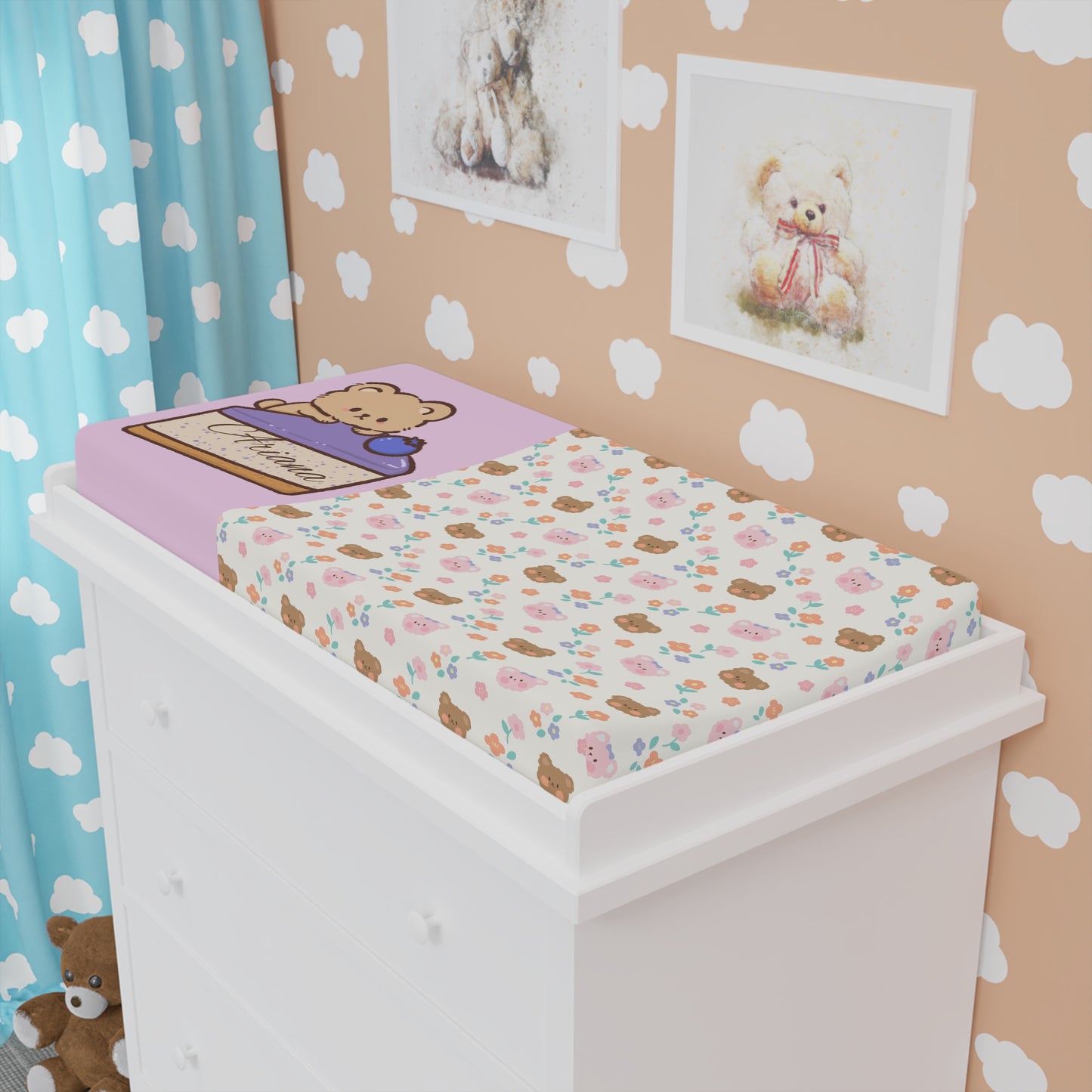 Pink Teddy Bear Baby Changing Pad Cover — Personalized Name Option