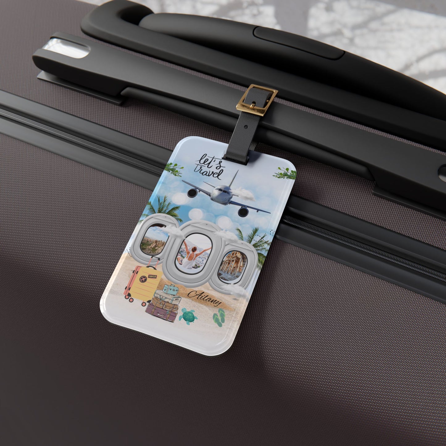 Let's Travel Luggage Tag — Tropical Airplane Window Design