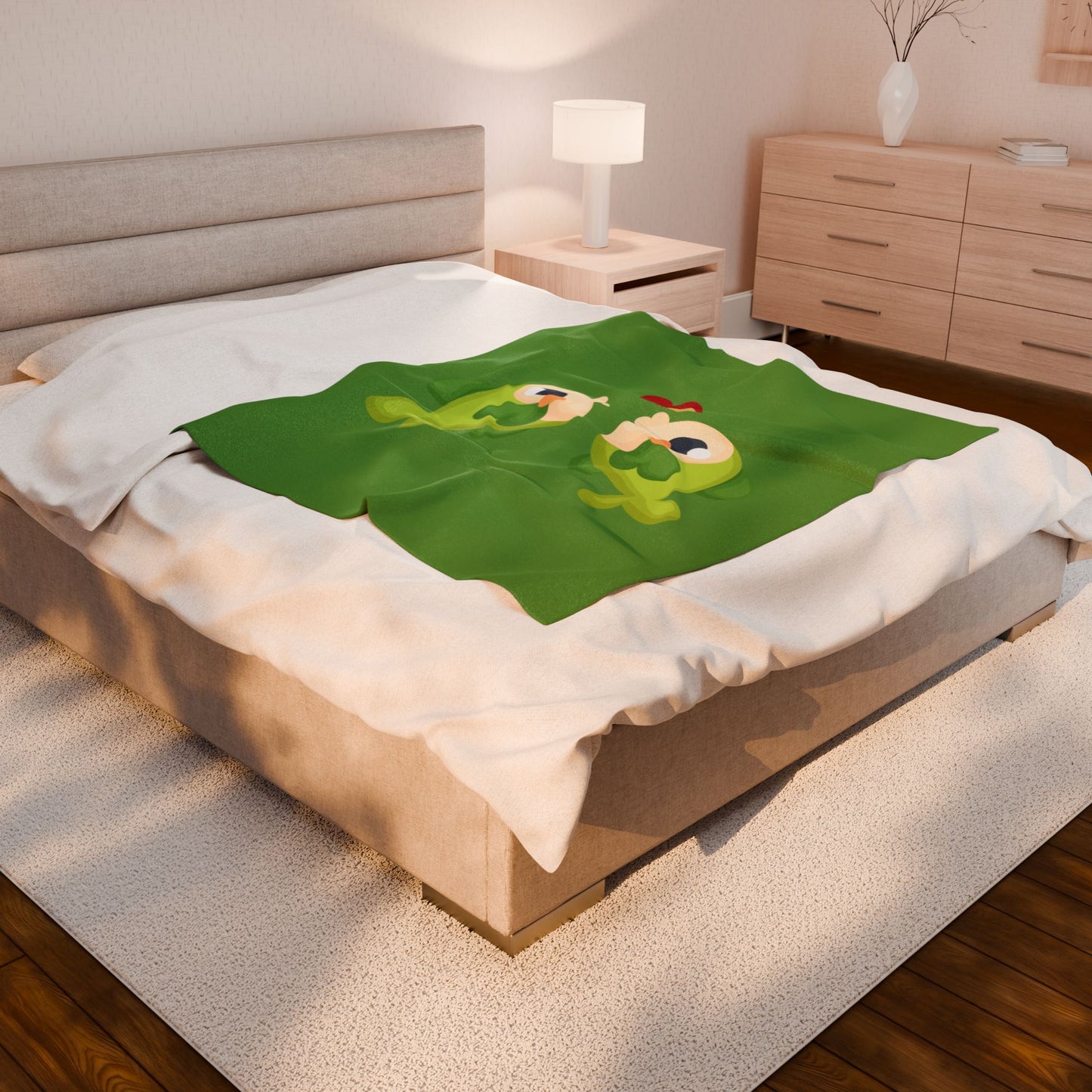 Two hearts float between the fish one red and one yellow Velveteen Plush Blanket