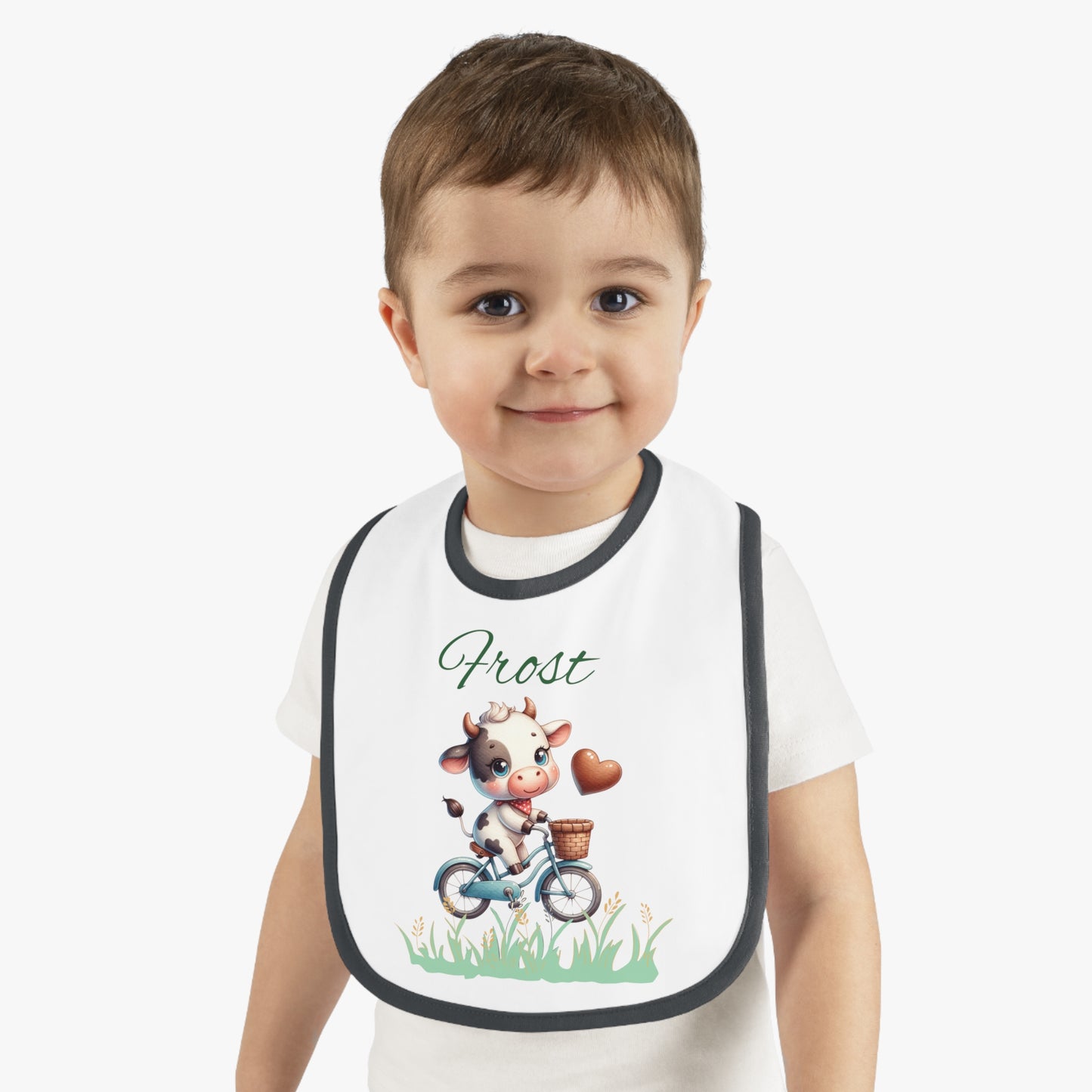 Personalized Baby Bib — Cute Cow on Bike Design with Name 'Frost'
