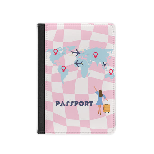 Pink Travel Passport Cover — World Map, Airplane & Luggage Design for Women