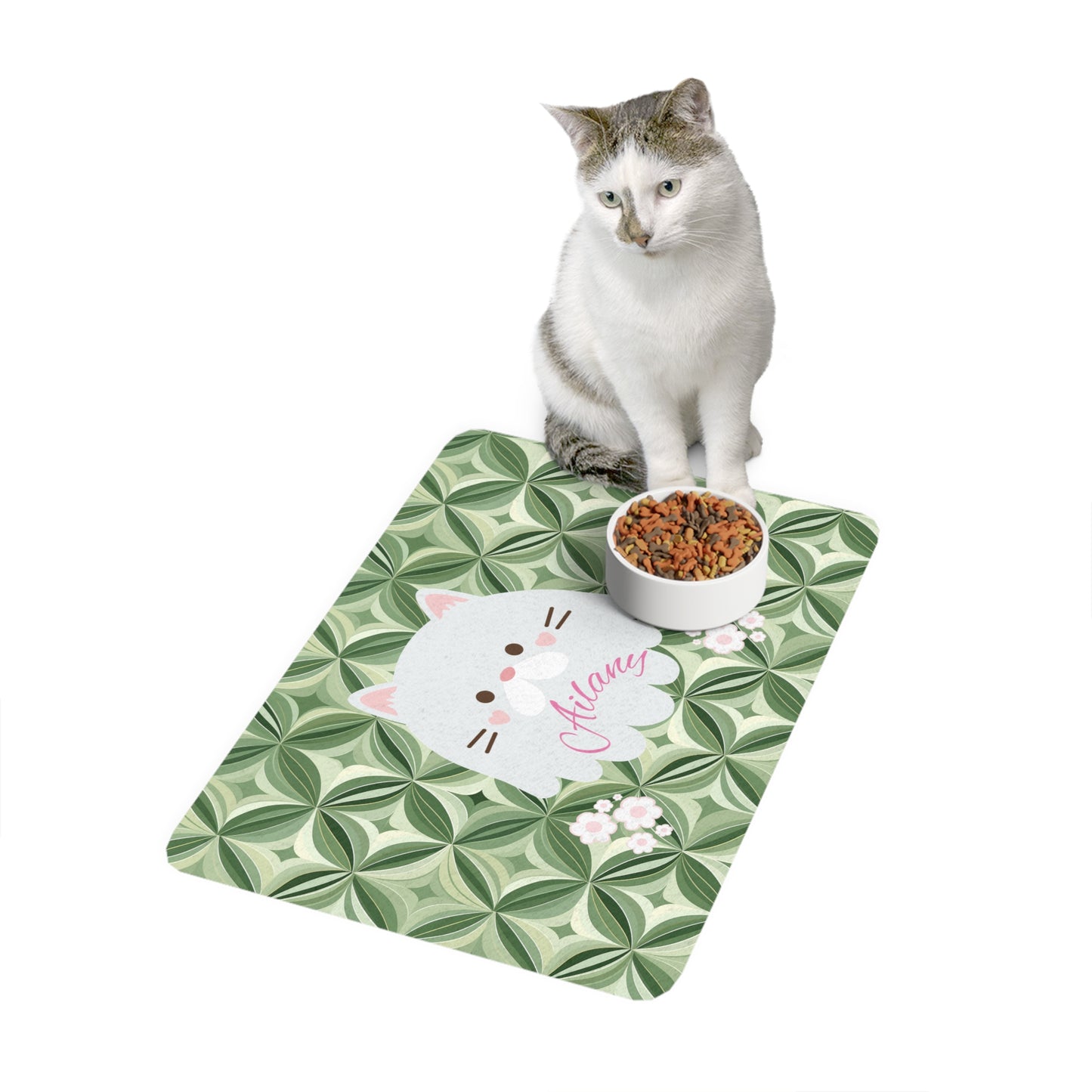 Personalized Cat Pet Food Mat (12x18) — Cute White Kitty on Green Geometric Background