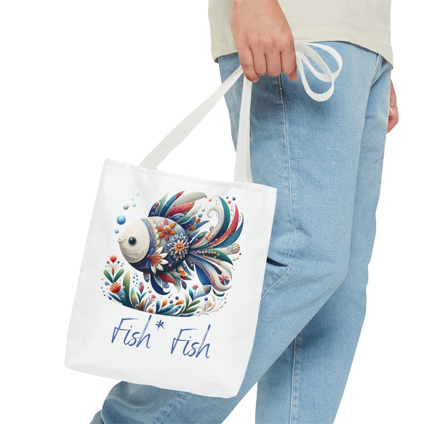 Floral Fish Tote Bag — Colorful Whimsical "Fish Fish" Canvas Tote