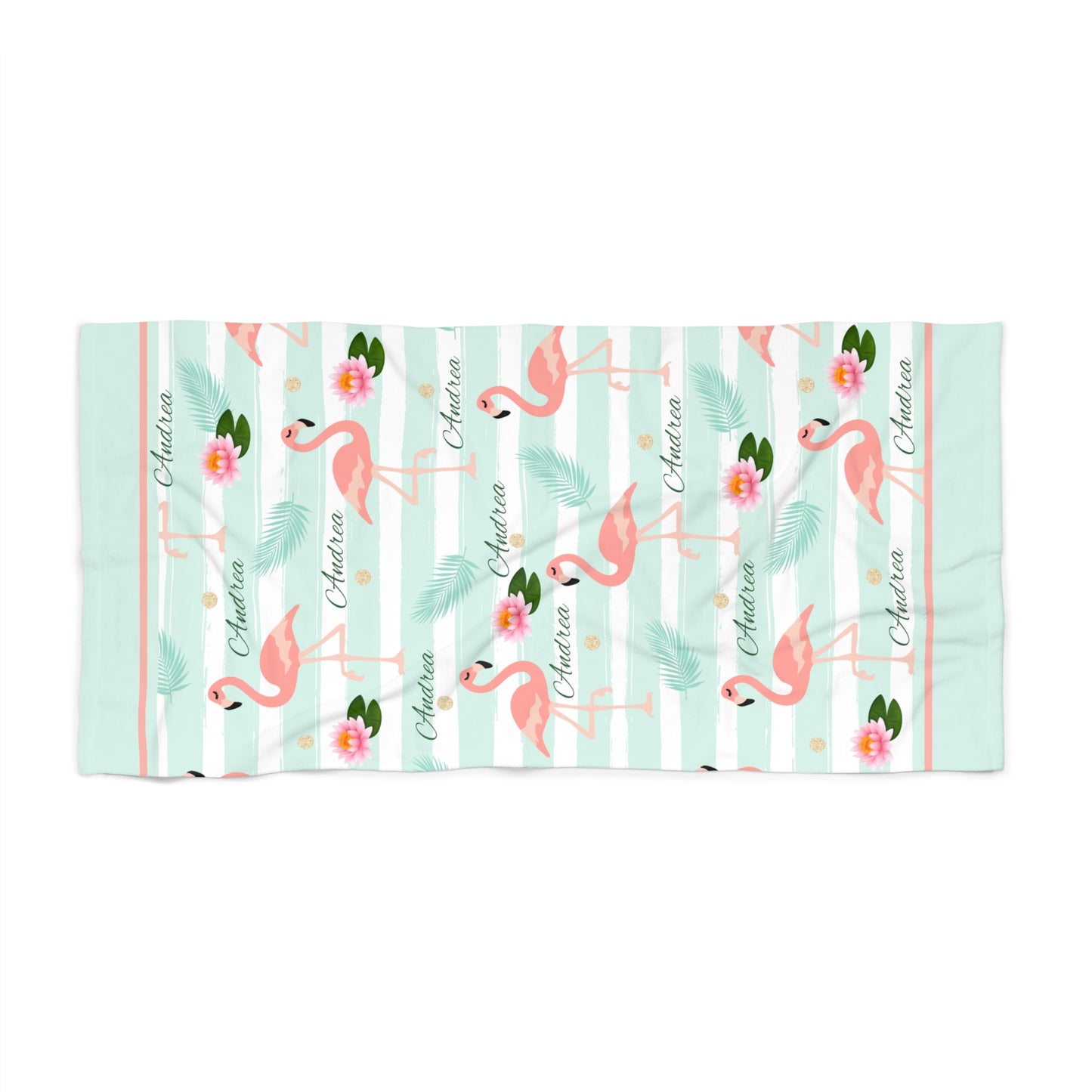 Personalized Flamingo Beach Towel — Mint Stripes, Tropical Flowers