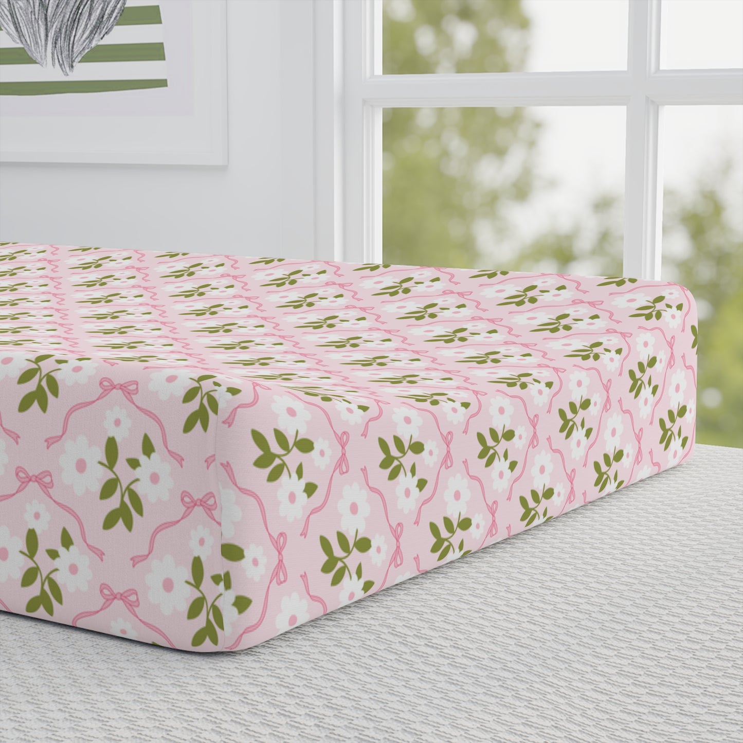 Baby Changing Pad Cover — Pink Floral Bow Pattern, Personalized Name Option