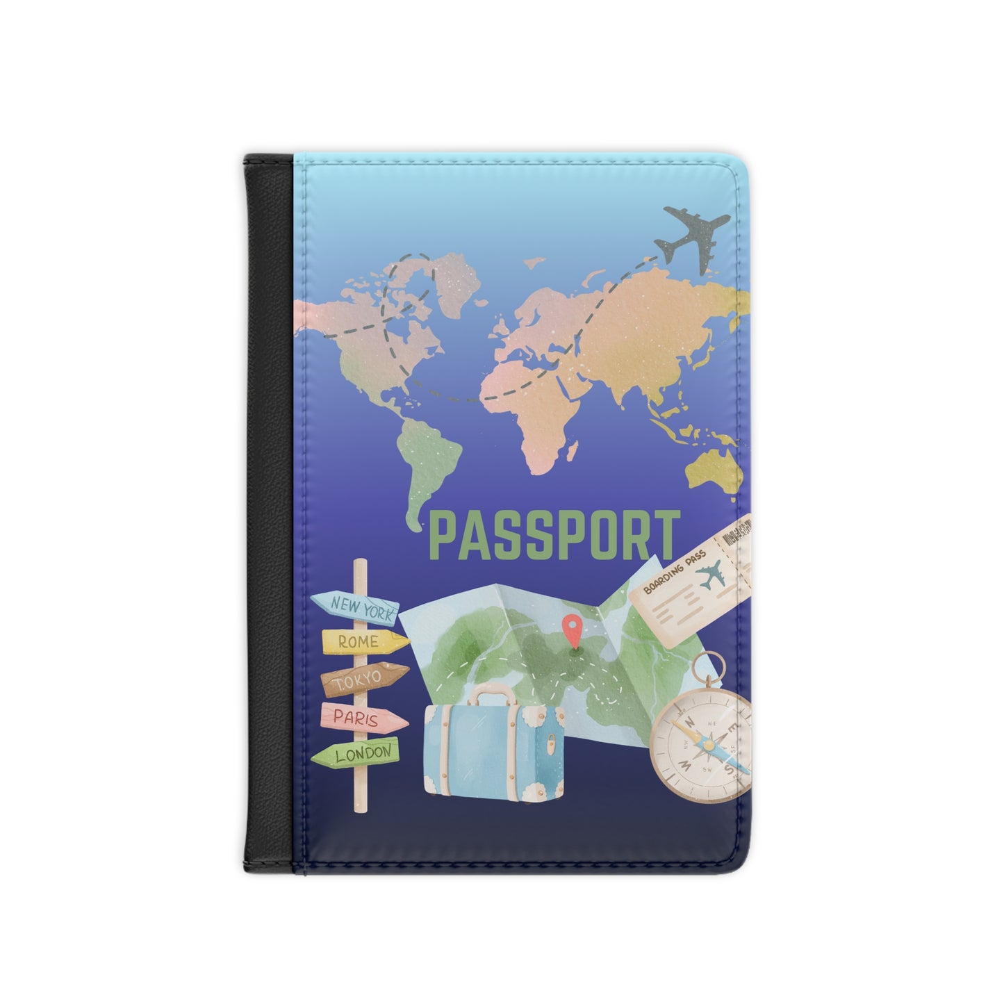 Travel Map Passport Cover — World Map, Compass & Luggage Design