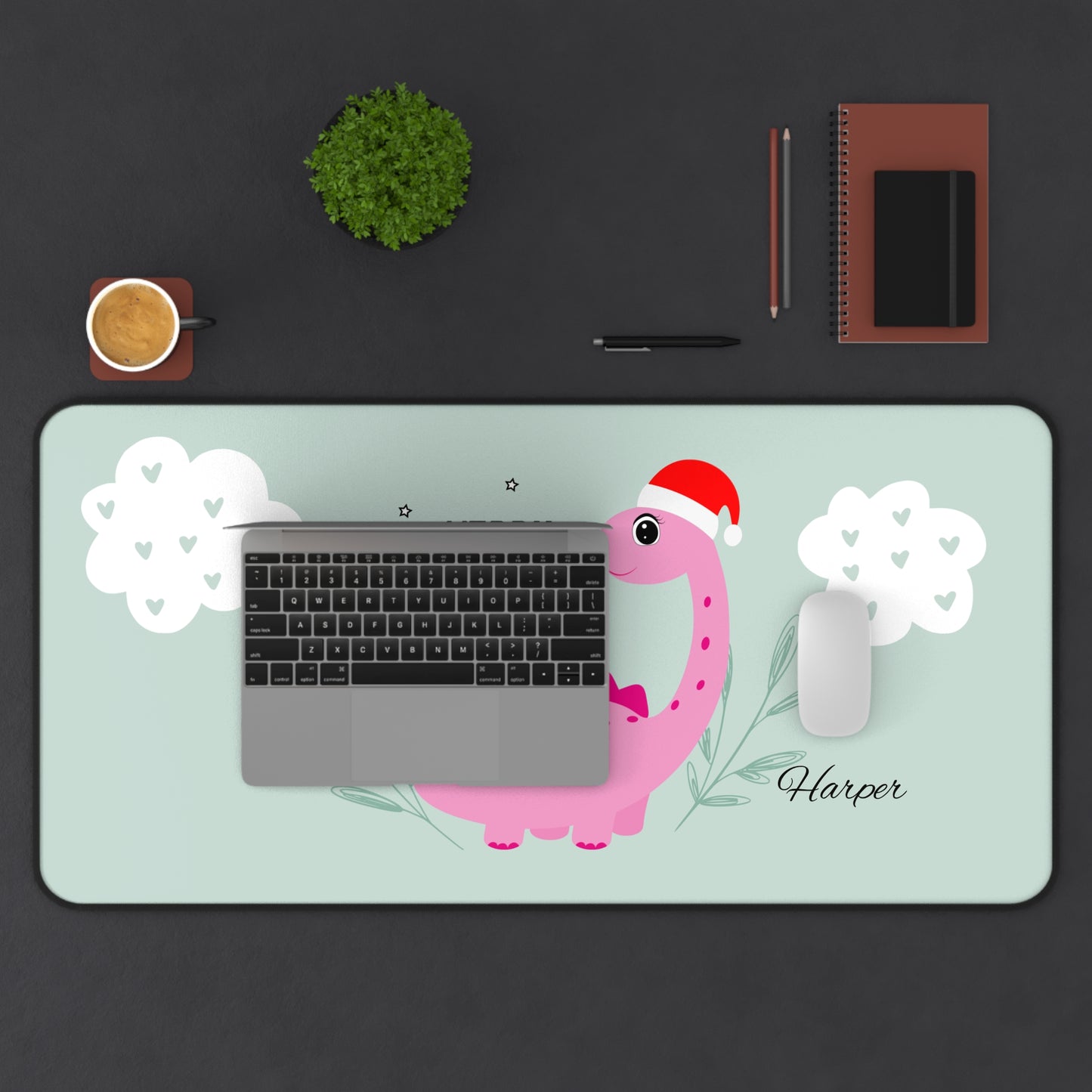 Dinosaur Christmas Desk Mat - Personalized Cute Desk Accessories, Home Office Gift, Playful Holiday Decor, Fun Kids Room Addition
