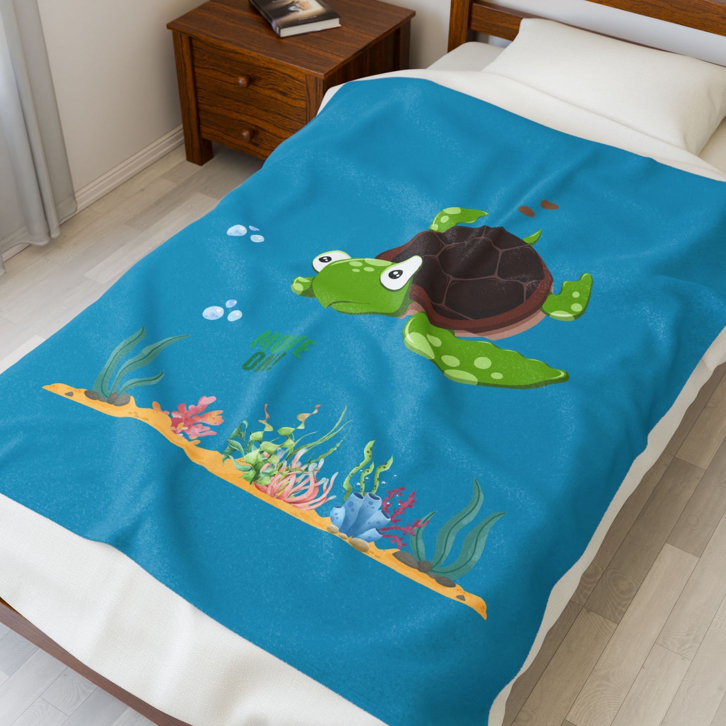 Turtle with seaweed and bubble Velveteen Plush Blanket