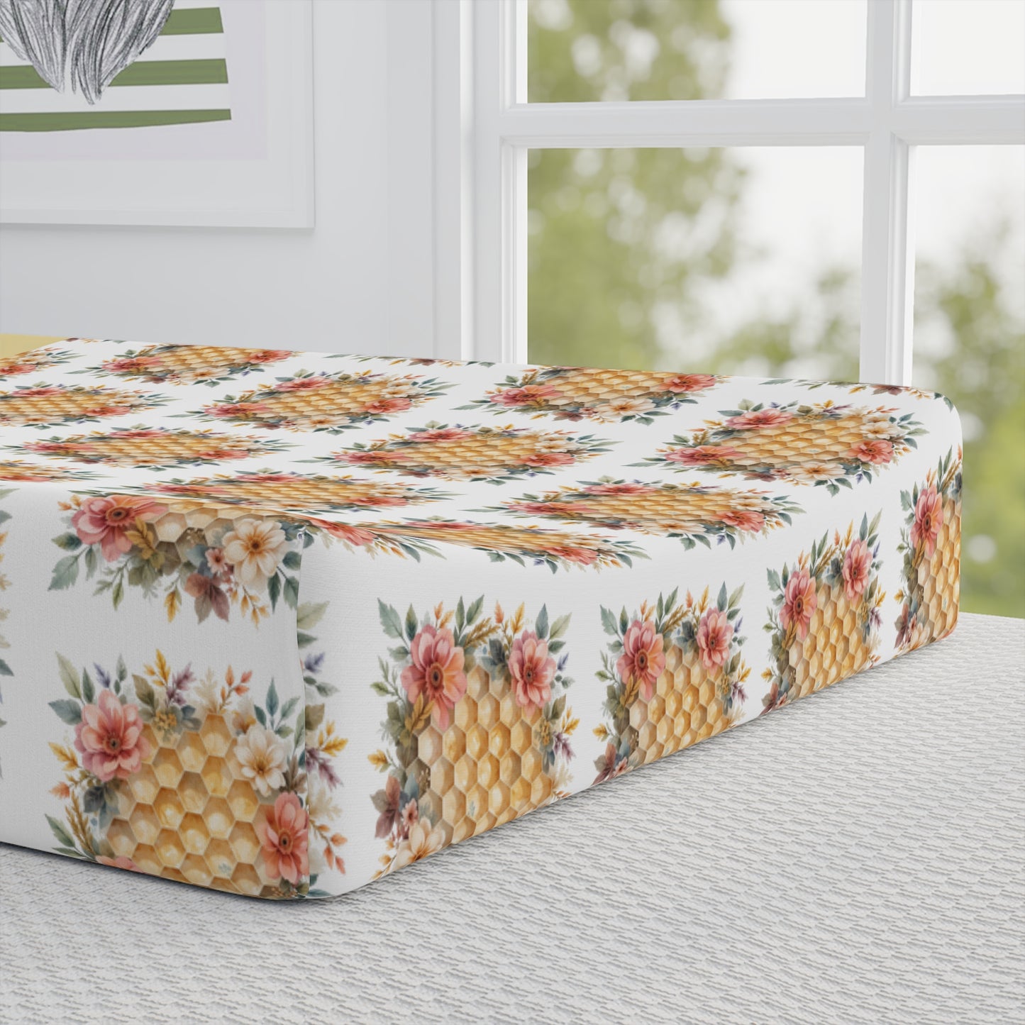 Personalized Bee Baby Changing Pad Cover — Floral Honeybee Nursery Accent